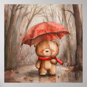Póster Un oso de peluche lindo en la lluvia