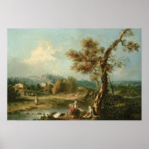 Póster Un paisaje del río de Italianate con los viajeros