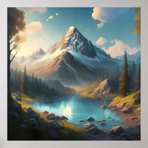 Póster Un paisaje montañoso con un lago y una montaña