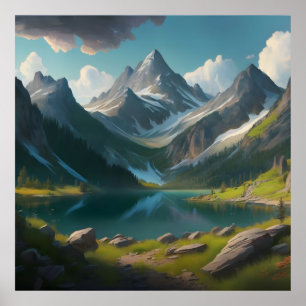 Póster Un paisaje montañoso con un lago y una montaña