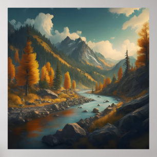 Póster un paisaje otoñal con árboles, montañas y un río