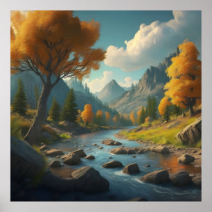 Póster un paisaje otoñal con árboles, montañas y un río