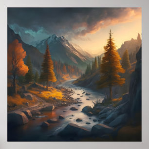Póster un paisaje otoñal con árboles, montañas y un río