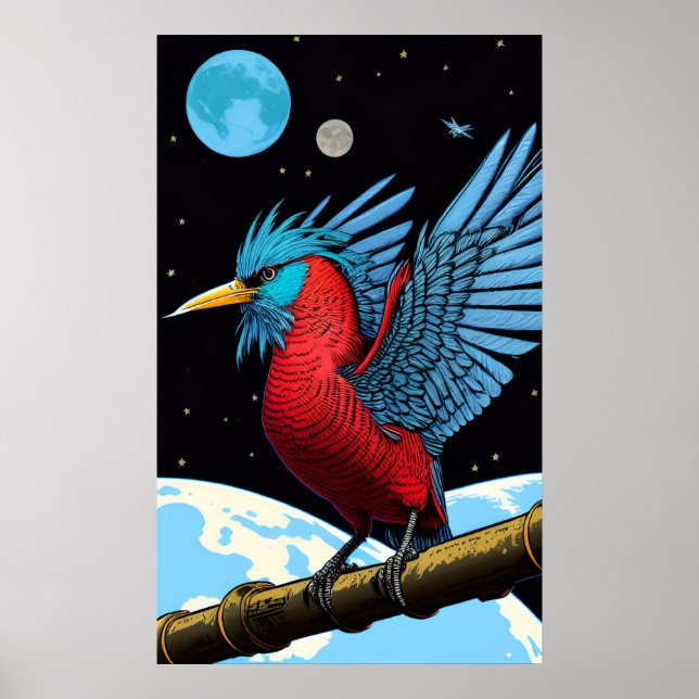 Póster Un pájaro con un palo en el espacio (Frente)