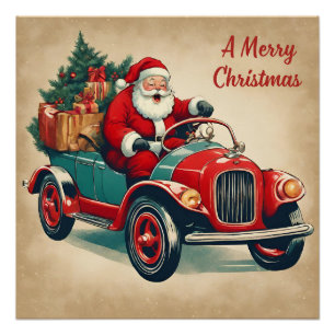 Póster Un Papá Noel Feliz de Navidad en un auto rojo