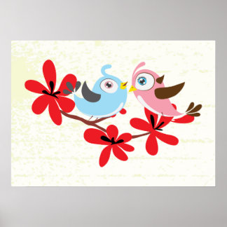 Póster Un par de pájaros personalizado de flores rojas po