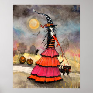 Póster Un paseo en Halloween Fantasy Witch Black Cats Pos