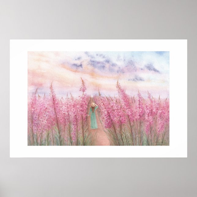 Póster Un Paseo En Un Campo De Flores Rosas (Frente)