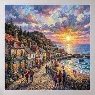 Póster Un paseo marítimo de un pueblo de playa hermoso al