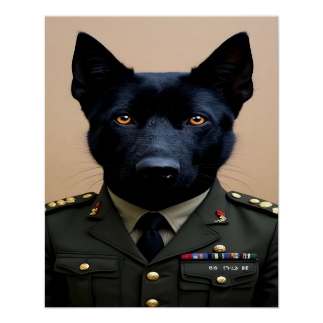 Póster Un pastor alemán negro con uniforme militar (Anverso)