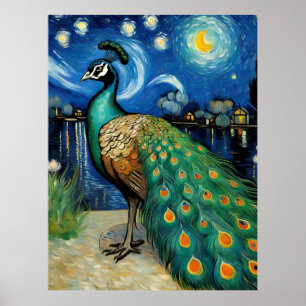 Póster Un pavo real en La noche estrellada