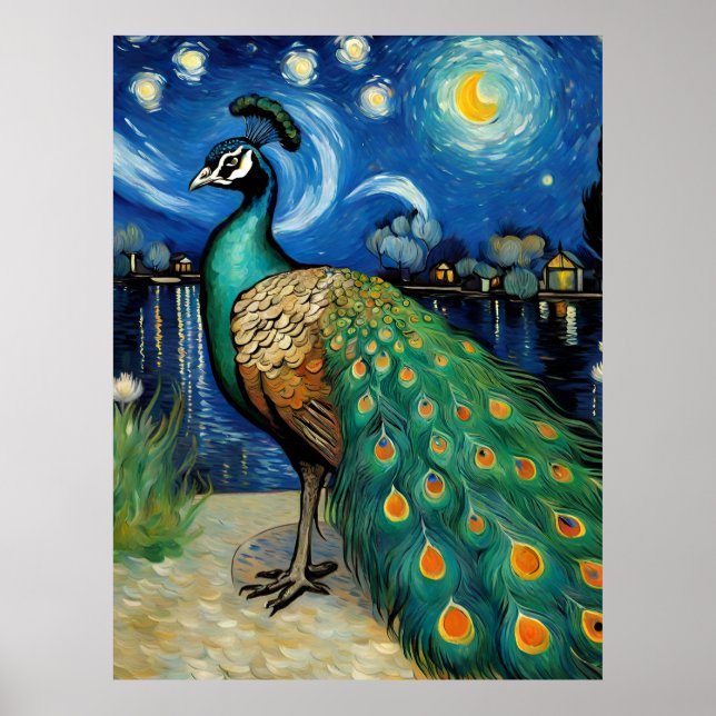 Póster Un pavo real en La noche estrellada (Frente)