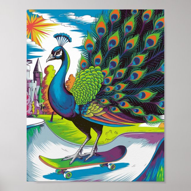 Póster Un pavo real para patinar en patineta (Frente)