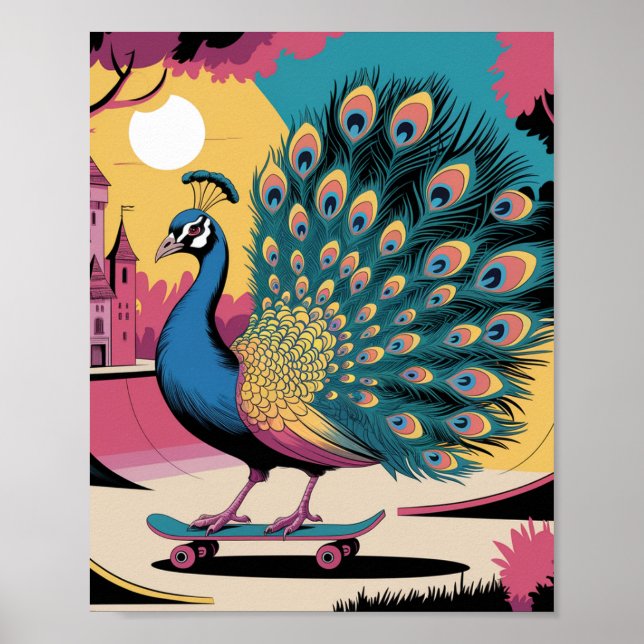 Póster Un pavo real para patinar en patineta (Frente)