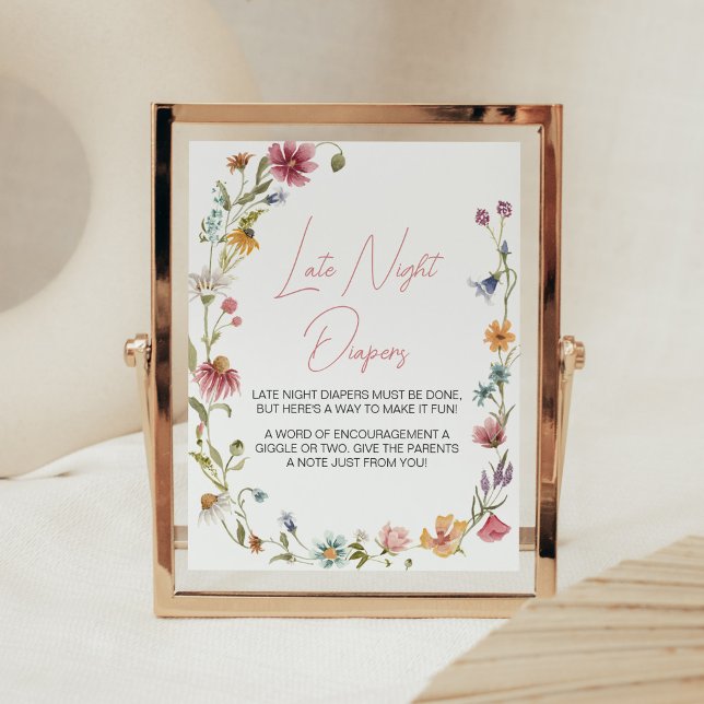 Póster Un pequeño Baby Shower de flores silvestres en pañ (Wildflower is on the way Baby Shower Late Night Diapers Sign)