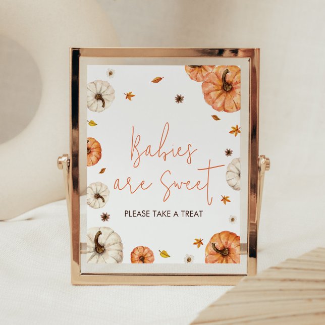 Póster Un pequeño calabaza Baby Shower Los bebés son dulc (Fall Pumpkin Baby Shower Babies are Sweet Sign)