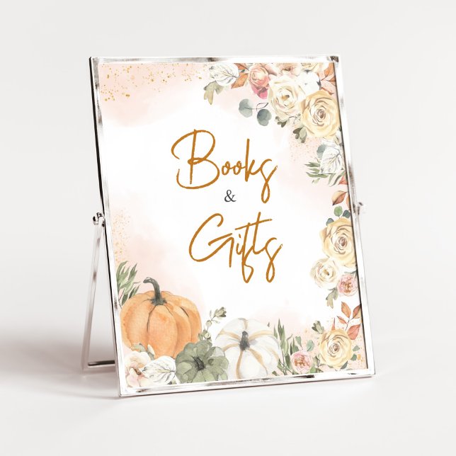 Póster Un pequeño calabaza cae de los libros de Baby Show (Fall Floral Pumpkin Baby Shower Books and Gifts Sign)