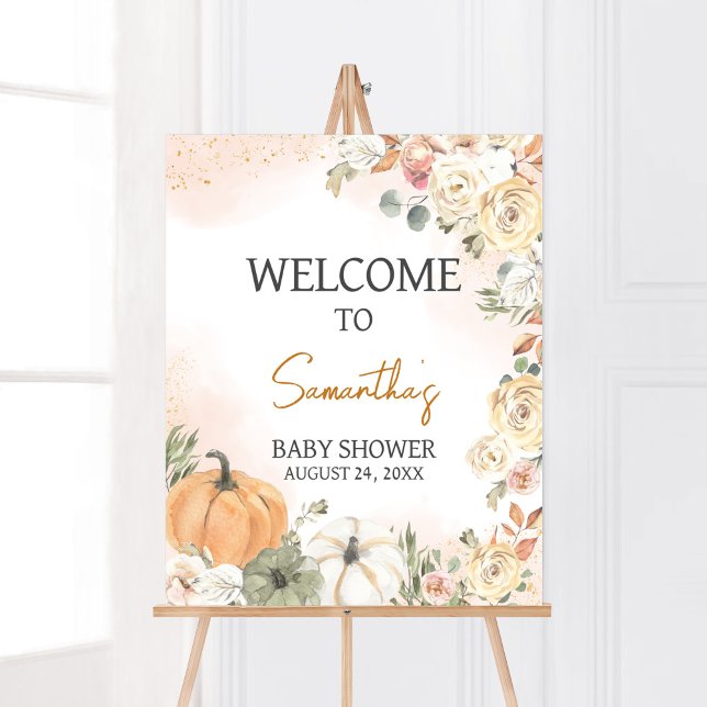 Póster Un pequeño calabaza cayó en la bienvenida Baby Sho (Fall Floral Pumpkin Baby Shower Welcome Sign)