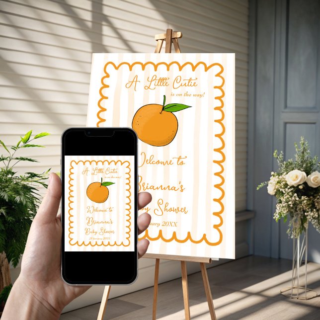 Póster Un pequeño cítrico lindo cartel de bienvenida (A little cutie citrus orange baby shower welcome sign poster template handrawn sketch wavy border)
