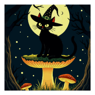 Póster Un pequeño gato brujo negro sentado en un hongo