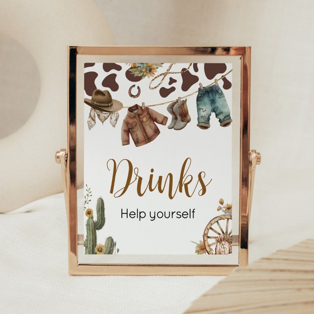 Póster Un pequeño niño de vaca que bebe Baby Shower (A Little Cowboy Baby Shower Drinks Sign)