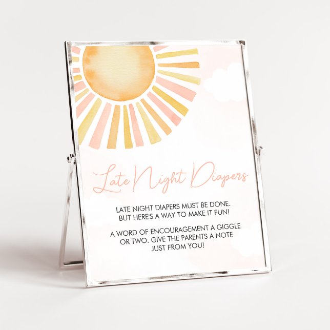 Póster Un pequeño rayo de sol en los aparejos nocturnos (You Are My Sunshine Baby Shower Late Night Diapers Sign)