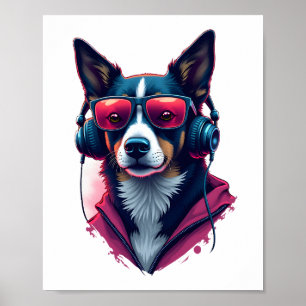 Póster Un perro Habu que lleva gafas de sol y auriculares