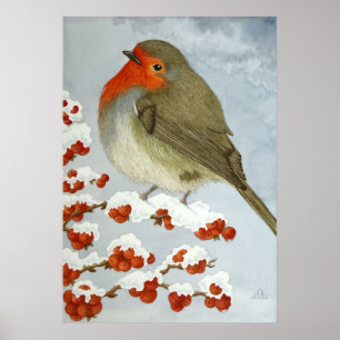 Póster Un petirrojo y bayas en la nieve
