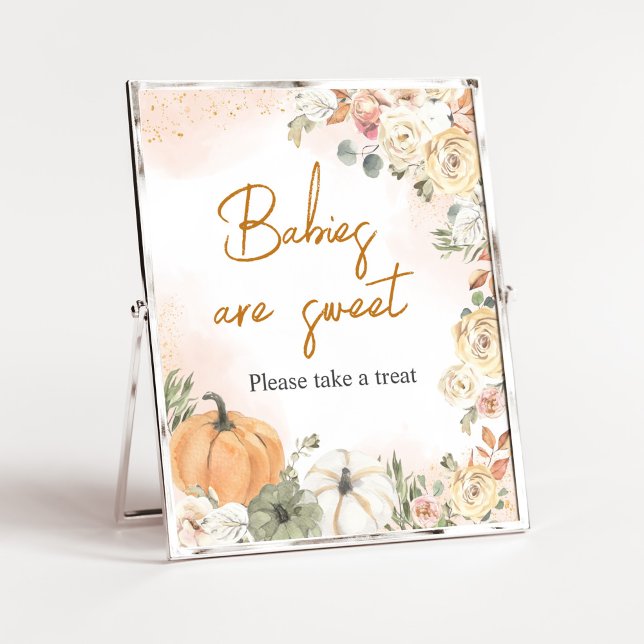 Póster Un poco de calabaza Cae Baby Shower Los bebés son  (Fall Floral Pumpkin Baby Shower Babies are Sweet Sign)