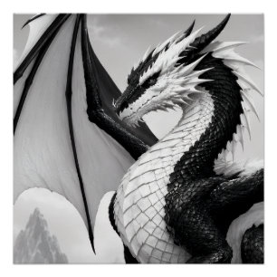Póster Un poderoso diseño de dragón en blanco y negro que