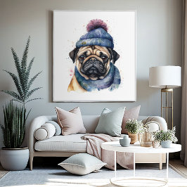 Póster Un pug lindo con beanie y bufanda