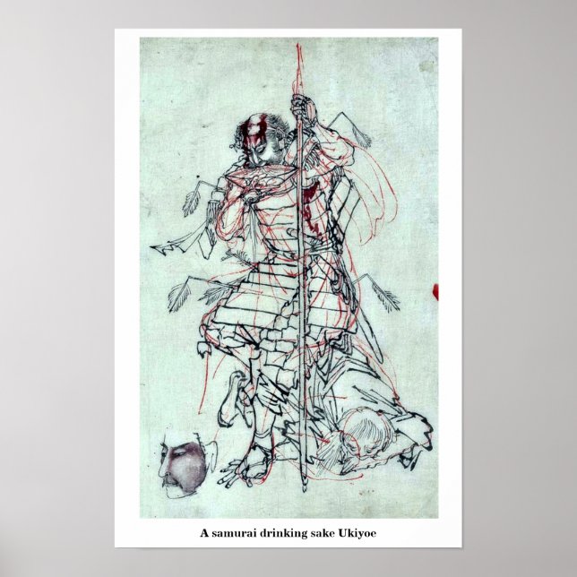 Póster Un samurai bebiendo sake Ukiyoe (Frente)