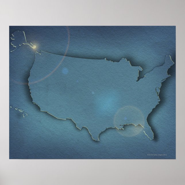 Póster Un simple mapa azul de los Estados Unidos que mues (Frente)