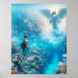 Póster Un snorkeler asombrado de ver un ángel en un arrec