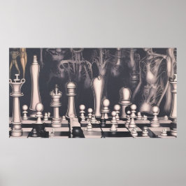 Póster Un tablero de ajedrez y figuras surrealistas moder