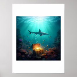 Póster Un tiburón de arrecife custodiando un tesoro