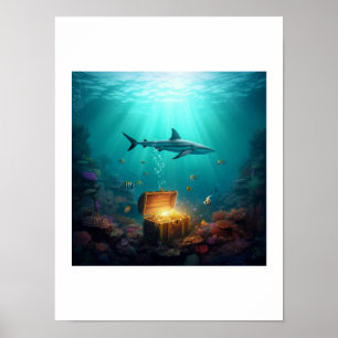 Póster Un tiburón de arrecife custodiando un tesoro