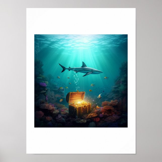 Póster Un tiburón de arrecife custodiando un tesoro (Frente)