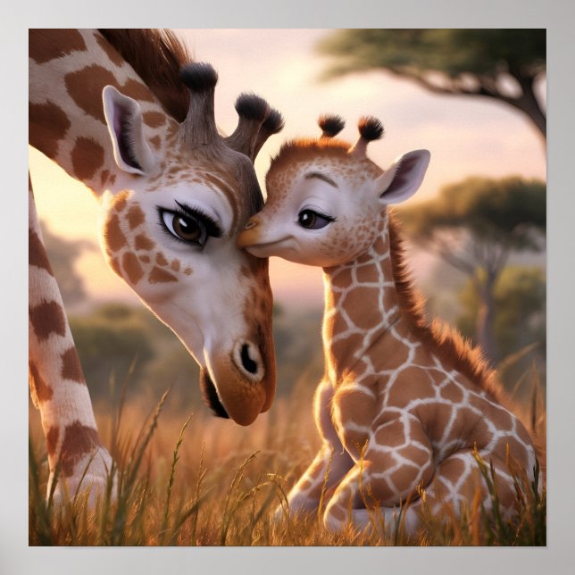 Póster Un tierno momento de una jirafa: madre y bebé se a (Frente)