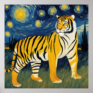 Póster Un tigre en la noche estrellada