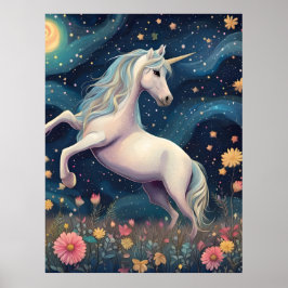 Póster Un unicornio en la noche estrellada
