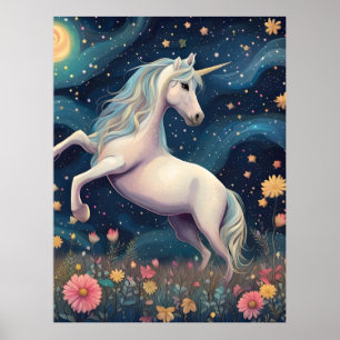 Póster Un unicornio en la noche estrellada