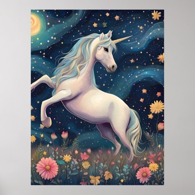 Póster Un unicornio en la noche estrellada (Frente)