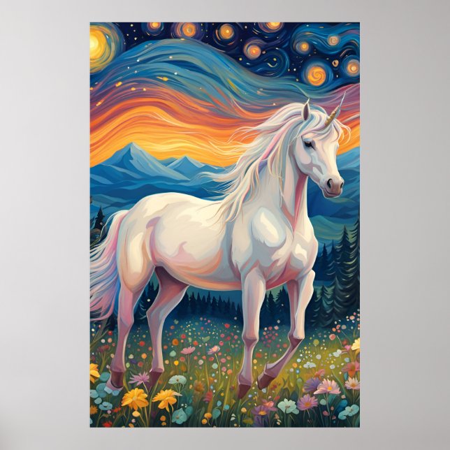 Póster Un unicornio en la noche estrellada (Frente)