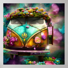 Póster Un viejo muy oxidado combi van flores tiempo hippy