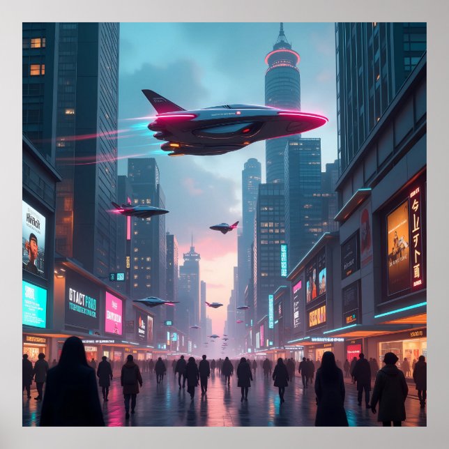 Póster Un vistazo al paisaje urbano futurista (Frente)