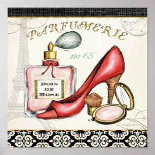 Póster Un zapato rojo, una botella de perfume y un polvo