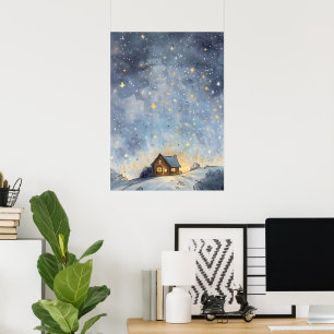 Póster Una acogedora casa reluciente bajo un cielo estrel