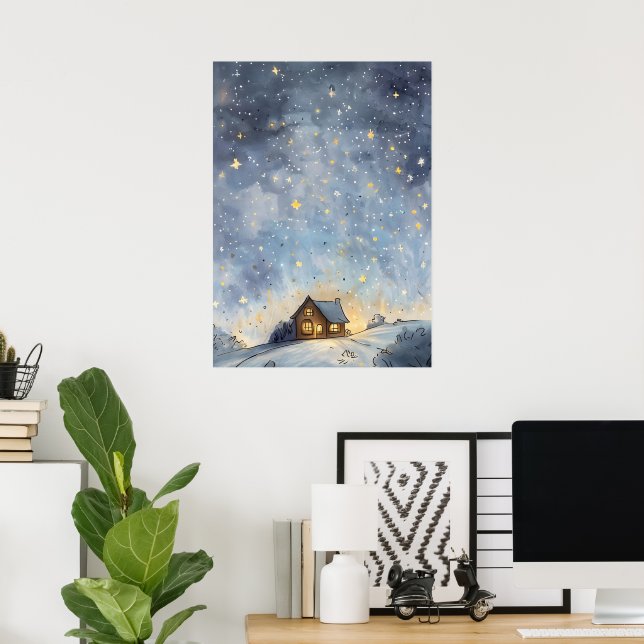 Póster Una acogedora casa reluciente bajo un cielo estrel (Oficina en casa)
