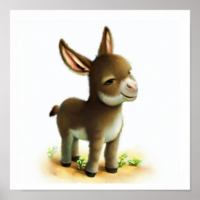 Póster Una acuarela 3D imagen de un joven burro (Frente)
